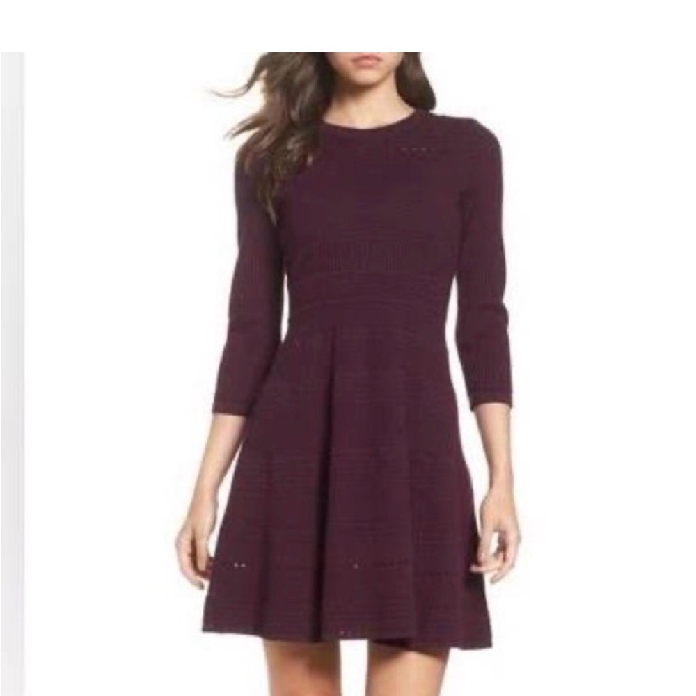 Eliza J Rich Fit and Flare Sweater Dress Burgundy Long Sleeve - XS - Picture 1 of 11
